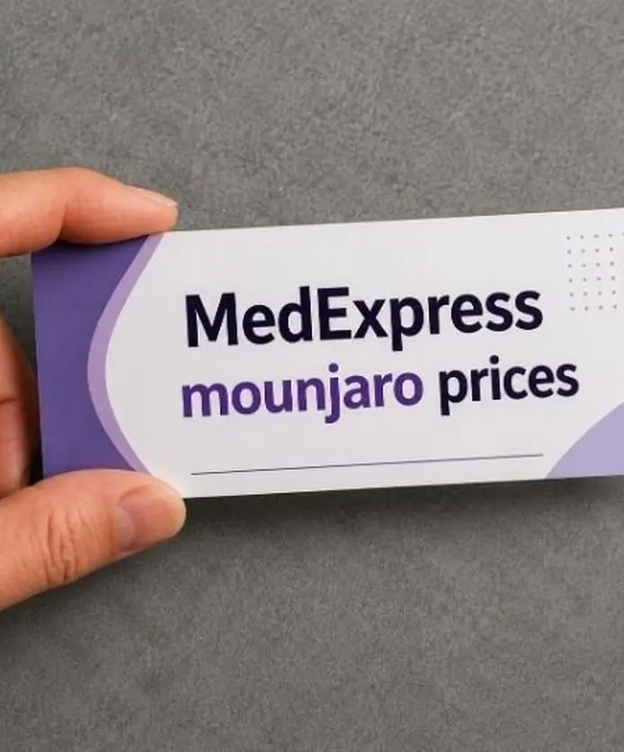 Hand holding medexpress mounjaro prices flyers.