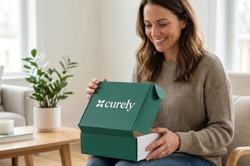 Woman opening a Curely weight loss treatment package.