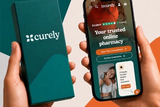 Curely online pharmacy website displayed on a mobile phone.